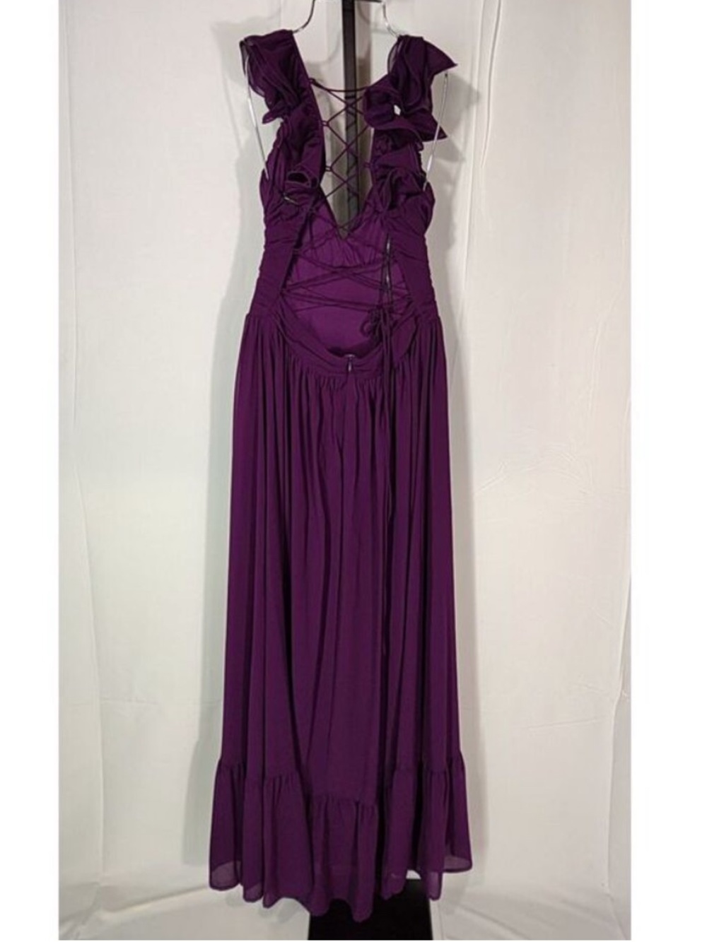 Lulus Women Soiree Celebration Ruffled Lace-Up Maxi Dress Purple Large - Picture 4 of 4